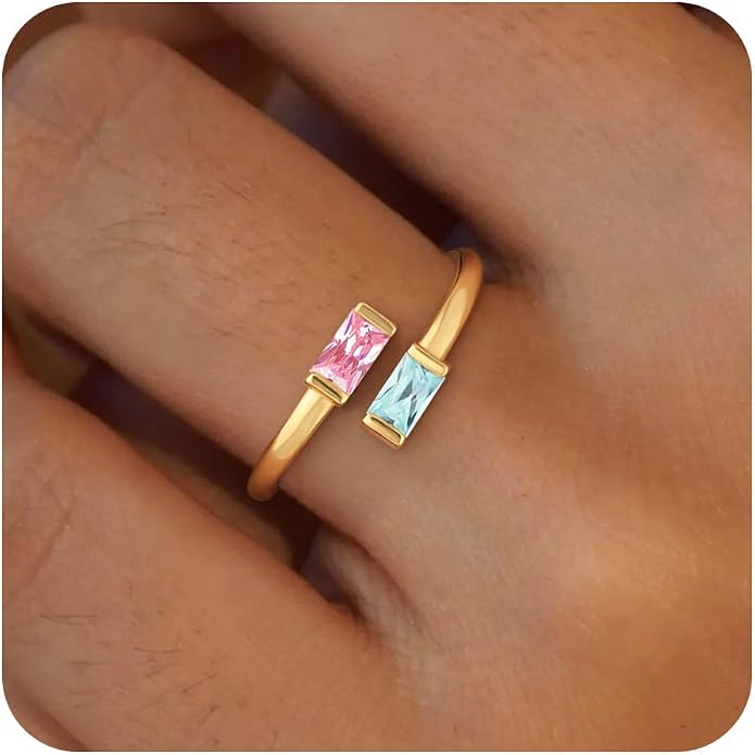 Honsny Gold Birthstone Rings for Women Non Tarnish 14K Gold Plated Adjustable Emerald Ring Cubic Zirconia Gemstone Promise Ring for Her Engagement Personalized Waterproof Jewelry Gifts for Birthday