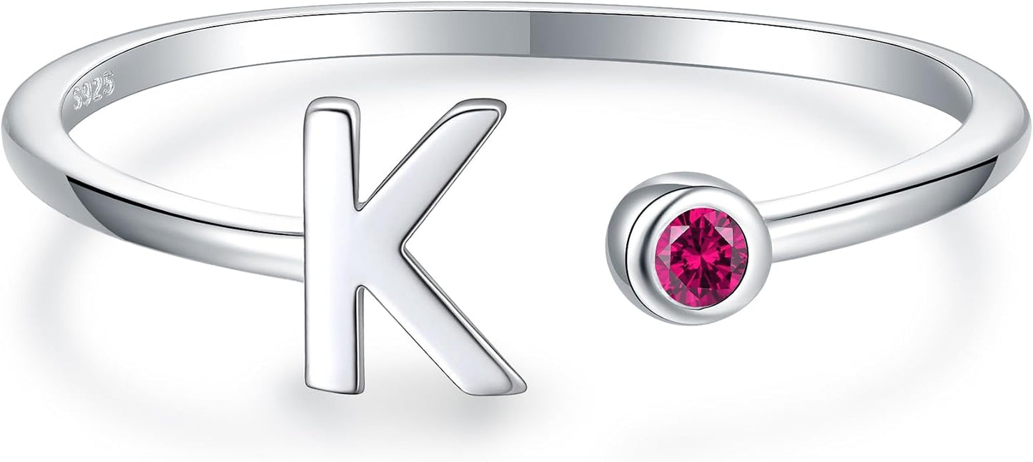 925 Sterling Silver Initial Letter Birthstone Rings for Women Adjustable 1-12 Month Birthstone Alphabet Stacking Ring for Teens Girls Stackable Birthstone Rings Birthday Jewelry Gift for Daughter Mom