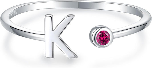 925 Sterling Silver Initial Letter Birthstone Rings for Women Adjustable 1-12 Month Birthstone Alphabet Stacking Ring for Teens Girls Stackable Birthstone Rings Birthday Jewelry Gift for Daughter Mom