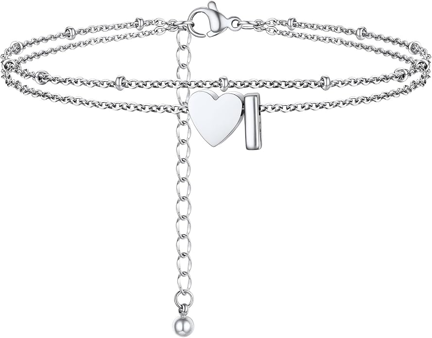 Initial Ankle Bracelets for Women, Dainty Stainless Steel Letter A-Z Layered Anklets, Heart Ankle Bracelet 8.5"-10.5" Adjustable, Summer Beach Jewelry, Come with Box