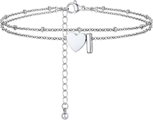 Initial Ankle Bracelets for Women, Dainty Stainless Steel Letter A-Z Layered Anklets, Heart Ankle Bracelet 8.5"-10.5" Adjustable, Summer Beach Jewelry, Come with Box