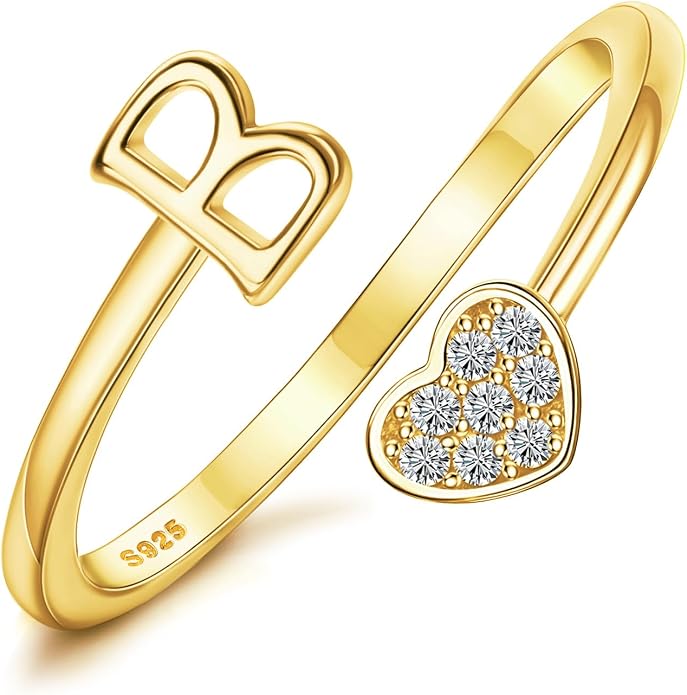 MILACOLATO 925 Sterling Silver Initial Rings for Women Teen Girl 18K Gold Plated Heart Initial Rings Adjustable Capital Letter Ring Stackable Thumb Pinky Rings for Daughter Birthday Bridesmaid Gifts Jewelry, A to Z