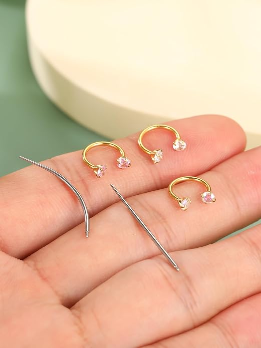 Oveta 18G Horseshoe Nose Rings for Women, 16G 20G Surgical Steel Nose Ring Hoop 6/8/10/12mm, Internally Threaded Tragus Cartilage Helix Earrings Silver/Gold, 3mm CZ