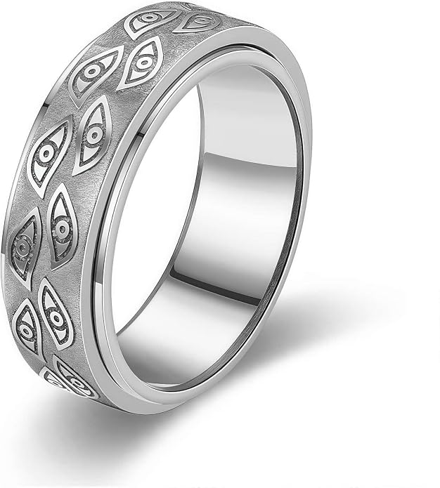 Stainless Steel Evil Eye Spinner Fidget Rings,Gothic Engraved Eye of God Rotatable Vintage Carved Biker Band Anxiety Ring For Men Women Punk Motorcycle Ring Jewelry,Size 6-12