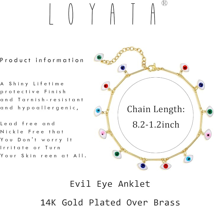 LOYATA Dainty Ankle Bracelet,14K Gold Plated Tiny Bead Anklet Dainty White Cubic Zirconia Cross Tassel Foot Chain Cute Lucky Moon Evil Eye Foot Jewelry Boho Anklets for Women