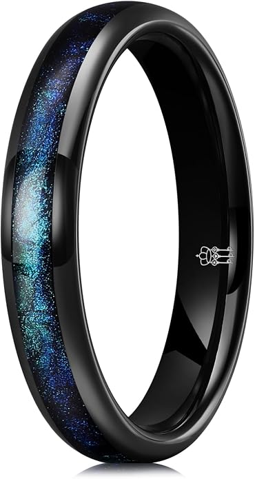 THREE KEYS JEWELRY 4mm 8mm Black Tungsten Wedding Band for Men Women, Blue Green Sandstone & Purple Galaxy Inlay, Domed Polished Comfort Fit Anniversary Engagement Ring