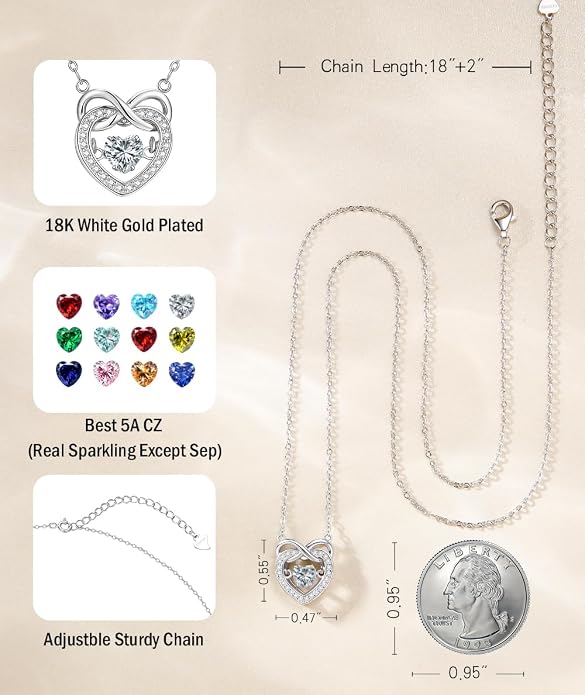 Trendy Dainty Infinity Birthstone Necklace, Dancing Heart 18K White Gold Plated 925 Sterling Silver Heart Necklace, Romantic Love Jewelry Graduation Gifts for Women Her