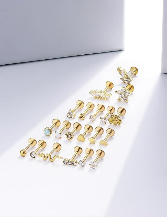 14K Gold Filled 20G 18G 16G Threadless Flat Back Earrings Studs Surgical Stainless Steel Opal CZ Push In Nose Rings Studs Tragus Helix Conch Cartilage Earrings Piercing Jewelry For Women Men