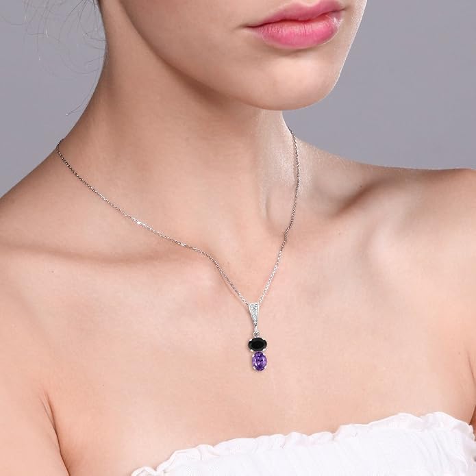 Gem Stone King 2-Stone Gemstone Birthstone Pendant Necklace for Women in 925 Sterling Silver | Oval 8x6MM | 18 Inch Silver Chain | Fine Jewelry for Her Mom Wife