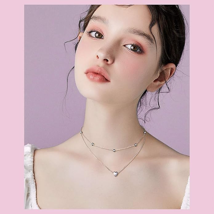 Layered Choker Necklaces for Women S925 Sterling Silver Circle/Heart/Cross/Star Multi Layered Necklace Handmade Bead Chain Adjustable Jewelry for Birthday