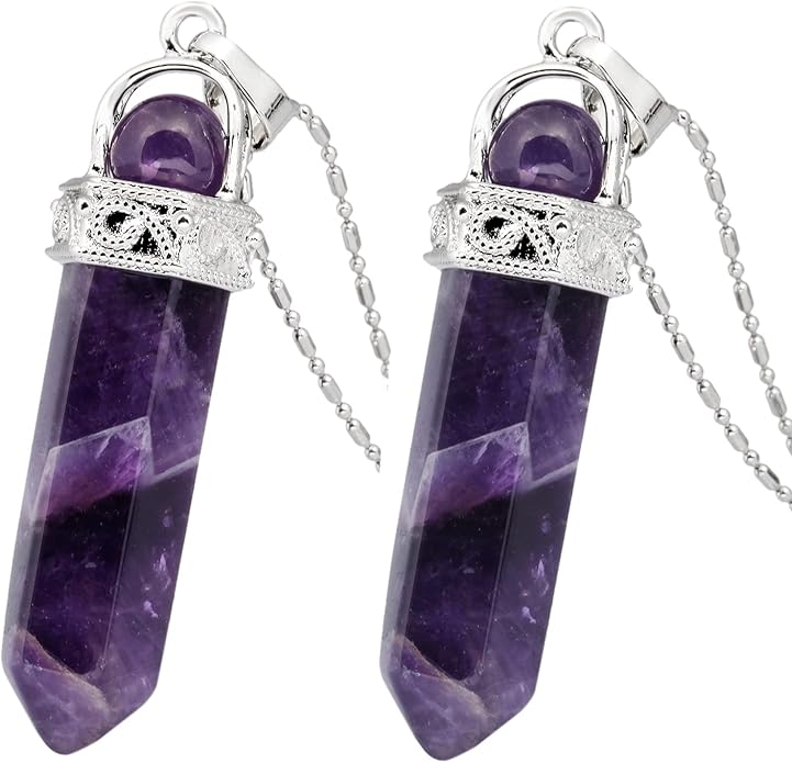 TUMBEELLUWA Crystal Point Necklaces Hexagonal Prism Stone Pendants with Chain Healing Jewelry Pack of 2