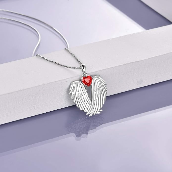 YFN Angel Wings Necklace 925 Sterling Silver Guardian Angel Wings Pendant Necklace Birthstone Necklace for Women Girls Christmas Jewelry Gifts