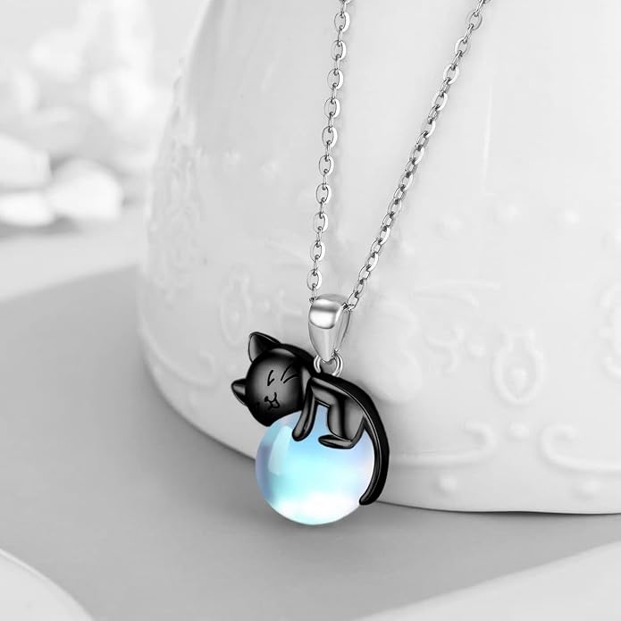 Cat Necklace Sterling Silver Cat Zircon Pendant Gothic Jewelry for Women Animal Lovers Gifts