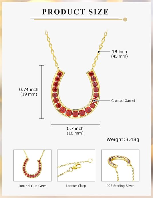 Luck Horseshoe Necklace 14K Gold Plated/Sterling Silver Created Gemstone Pendant with Chain Channel Set U Shaped Charm Necklace Birthstone Jewelry