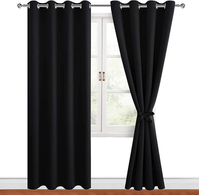 Hiasan Blackout Curtains for Bedroom, 52 x 84 Inches Long - Thermal Insulated & Noise reducing Window Curtains for Living Room, 2 Drape Panels Sewn with Tiebacks, Black