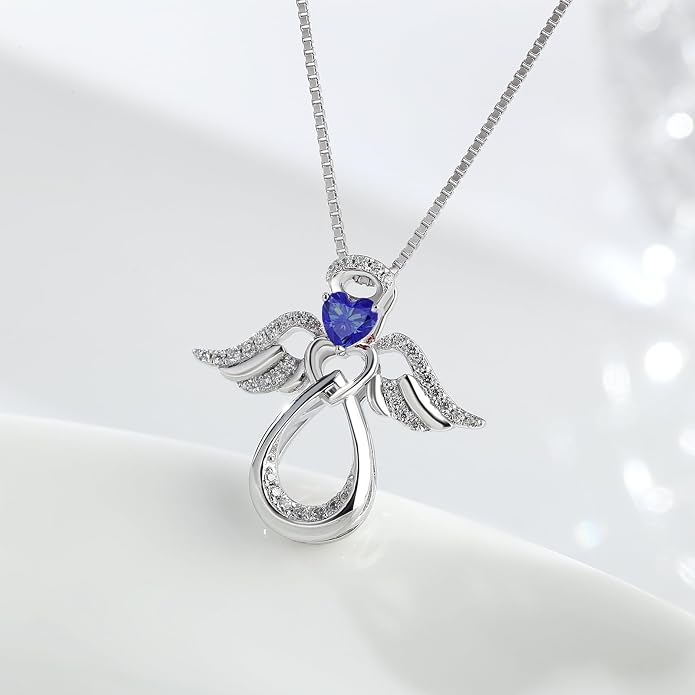 925 Sterling Silver Guardian Angel Pendant Necklace for Women with Birthstone Cubic Zirconia Little Angel Pendant Necklace Jewelry 18 inch Chain