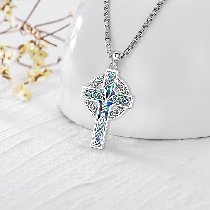 Celtic Cross Tree of Life Necklace for Women Sterling Silver Thor Hammer Tree of Life Pendant Irish Knot Cross Amulet Tree of Life Jewelry