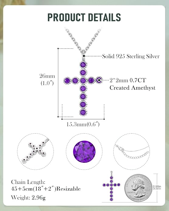 925 Sterling Silver 18 inch Birthstone Cross Pendant Necklace for Women Men