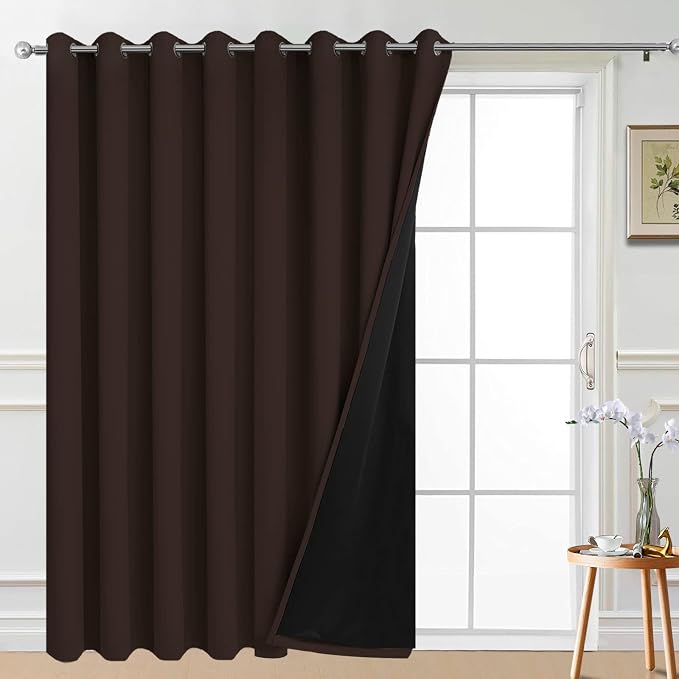 Yakamok Brown 100% Blackout Patio Door Curtain Panels W100 x L84, 1 Panel | Noise Reducing Barrier Panel for Sliding Glass Door, 2 Thick Layers Heat Full Light Blocking Patio Door Drapery