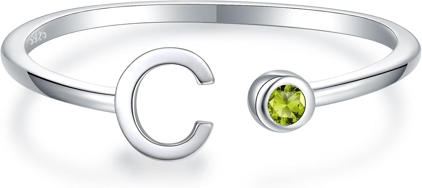 925 Sterling Silver Initial Letter Birthstone Rings for Women Adjustable 1-12 Month Birthstone Alphabet Stacking Ring for Teens Girls Stackable Birthstone Rings Birthday Jewelry Gift for Daughter Mom