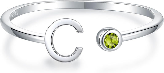 925 Sterling Silver Initial Letter Birthstone Rings for Women Adjustable 1-12 Month Birthstone Alphabet Stacking Ring for Teens Girls Stackable Birthstone Rings Birthday Jewelry Gift for Daughter Mom