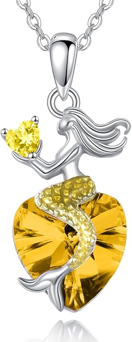 Mermaid Birthstone Necklace for Women 925 Sterling Silver Jewelry Austrian Crystal Pendant Christmas Gifts for Her