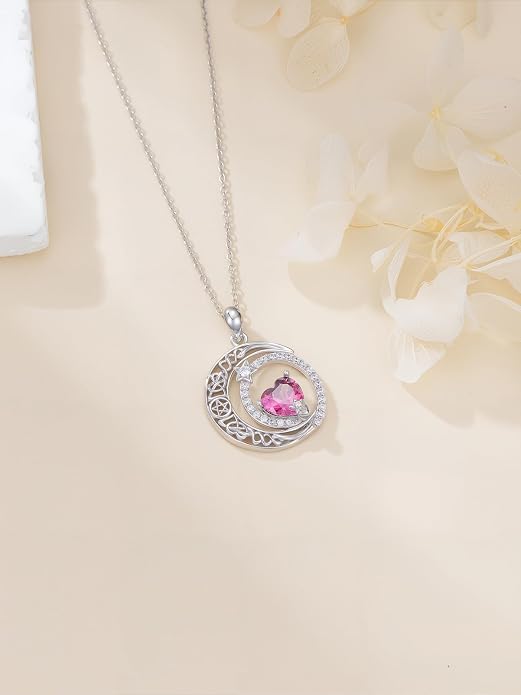 Dorunmo Heart Birthstone Necklace for Women 925 Sterling Silver Moon and Star Pendant Birthday Jewelry Gifts for Wife Her Daughter Mom