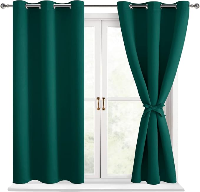 Hiasan Short Blackout Curtains for Bedroom - Thermal Insulated & Energy Saving Window Curtains for Living Room, 2 Drape Panels Sewn with Tiebacks, Hunter Green, 42 x 45 Inch