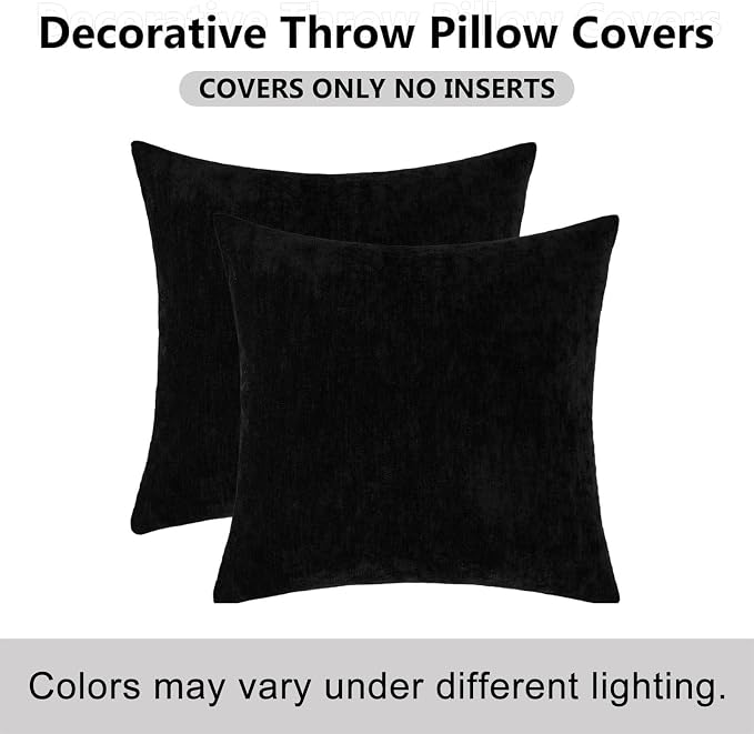 decorUhome Soft Chenille Black Throw Pillow Covers 24X24 Set of 2 | Decorative Fall Couch Pillow Covers Solid Dyed Accent Modern Euro Sham Farmhouse Neutral Square Pillow Cases for Sofa