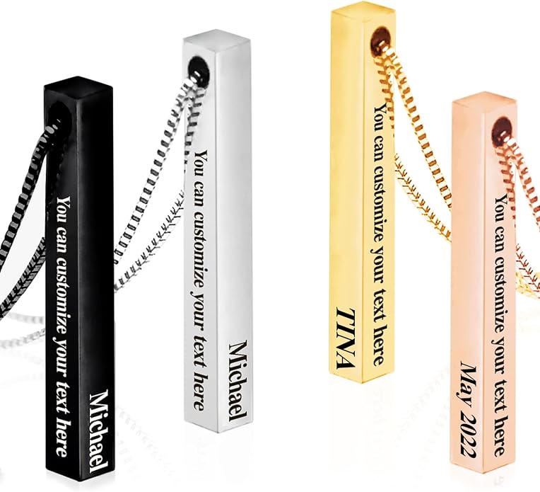 BellBlow- Personalized Bar Necklace Engraved with Name for Men Woman, Custom 3D Vertical Bar Pendant Name Chain Necklaces, 4sides Customizable Name Plate Necklace Jewelry Gift Boyfriend Girlfriend