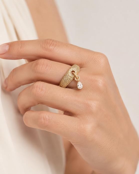 PAVOI 14K Gold Plated Dangle Wedding Ring for Women - Chunky Statement Gold Wedding Bands for Women with Cubic Zirconia - Bold Fashion Trendy Bridal Jewelry Gift