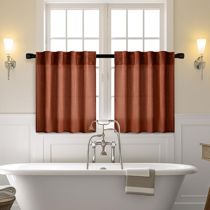 MIULEE Burnt Orange Kitchen Curtains 36 Inch Length 2 Panels, Soft Thick Linen Textured Semi Sheer Light Filtering Short Cafe Tier Curtains for Small Half Window Back Tab Rod Pocket Fall Boho Decor