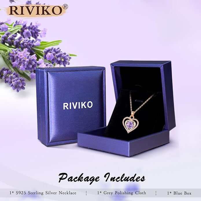 RIVIKO Heart Birthstone Pendant Necklace for Women 925 Sterling Silver Zirconia Necklaces Valentine's Day Anniversary Birthday Mothers Day Jewelry Gifts For Her Mother Wife