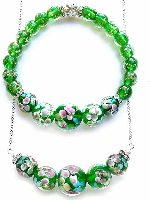 ARTSY Crafts Lily Garden Glow in the Dark Firefly Bead Bracelets Necklaces, Handmade in USA Murano Glass Jewelry, Flower Luminous Beads Mermaid Crystal Bracelet Bangle