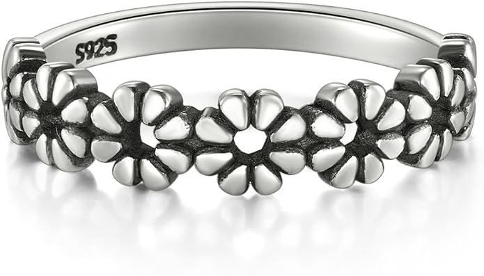 BORUO 925 Sterling Silver Ring, Daisy Flower Hawaiian High Polish Tarnish Resistant Comfort Fit Wedding Band Ring