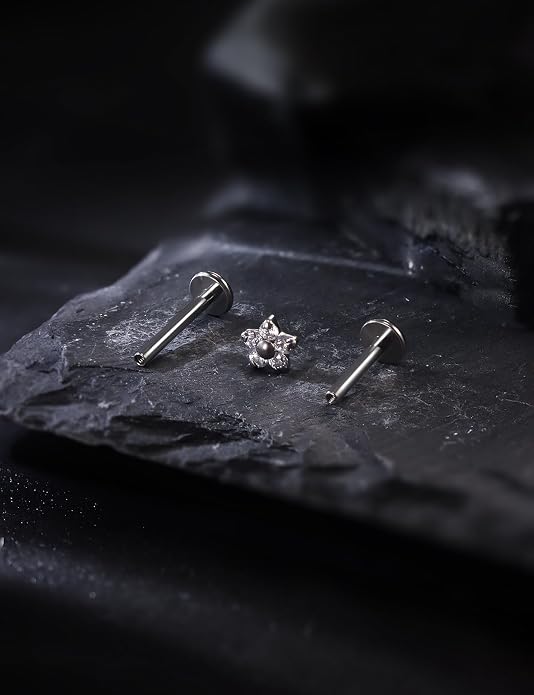16G Astm F136 Titanium Internal Thread Flat Back Earrings Nose Studs Tragus Forward Helix Conch Cartilage Lobe Earrings Stud Medusa Labret Monroe Lip Ring Piercing Jewelry For Women Men