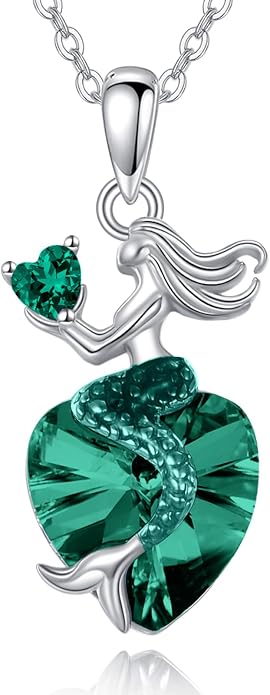 Mermaid Birthstone Necklace for Women 925 Sterling Silver Jewelry Austrian Crystal Pendant Christmas Gifts for Her