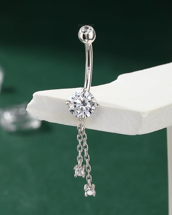 COCHARM 14K Gold Plated Belly Button Rings Dangling 925 Sterling Silver Belly Navel Rings Dangle Chain Belly Piercing Jewelry Hypoallergenic