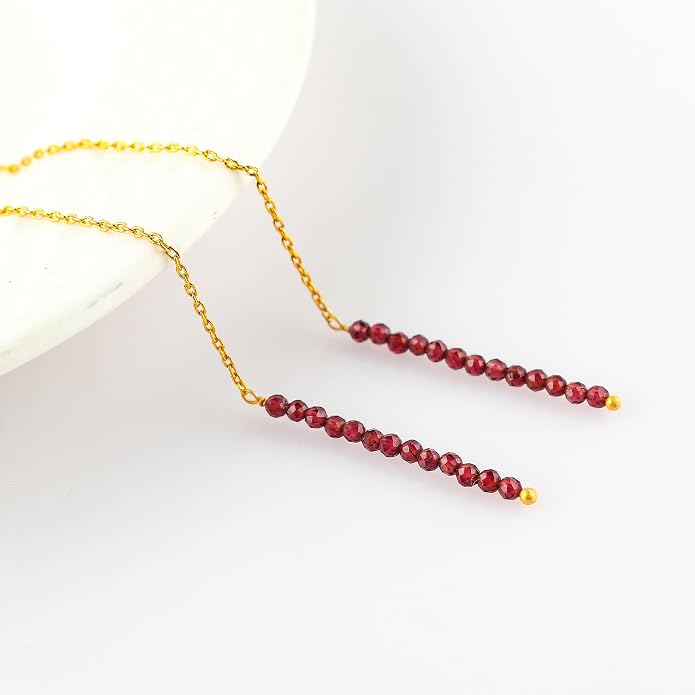 Natural Gemstone Threader Earrings for Women - Dainty 2mm Faceted Beads - Birthstone Crystal Drop Earrings - Silver Plated Healing Jewelry