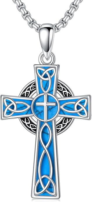 HPQQ Cross Necklace 925 Sterling Silver Turquoise Tree of Life Celtic Knot Cross Pendant Jewelry Mother's Day Gifts for Women