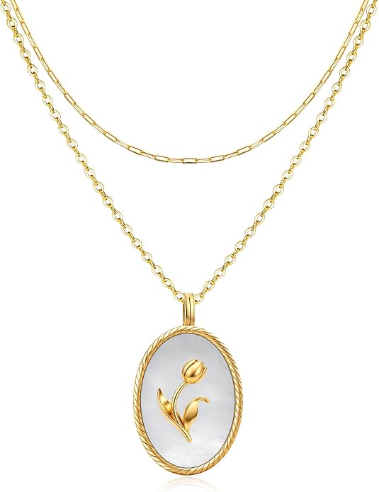 Layered Necklaces for Women S925 Sterling Silver 14k Gold Plated Cross Jesus Tulip Birth Month Flower Necklace Pendant Jewelry Mothers Day Birthday Gifts