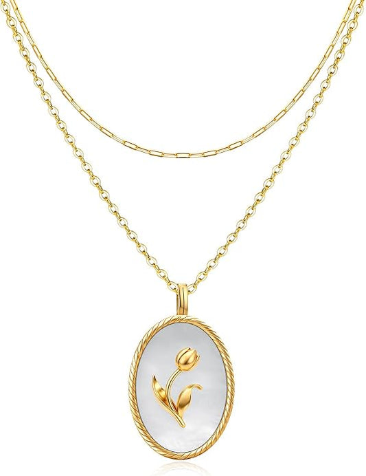 Layered Necklaces for Women S925 Sterling Silver 14k Gold Plated Cross Jesus Tulip Birth Month Flower Necklace Pendant Jewelry Mothers Day Birthday Gifts