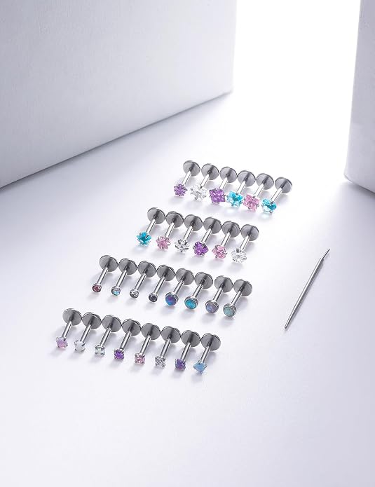 20G 18G 16G Threadless Nose Rings Studs Flat Back Earrings Surgical Stainless Steel Opal Nose Rings Stud Tragus Helix Conch Cartilage Earrings Piercing Jewelry For Women Men Hypoallergenic