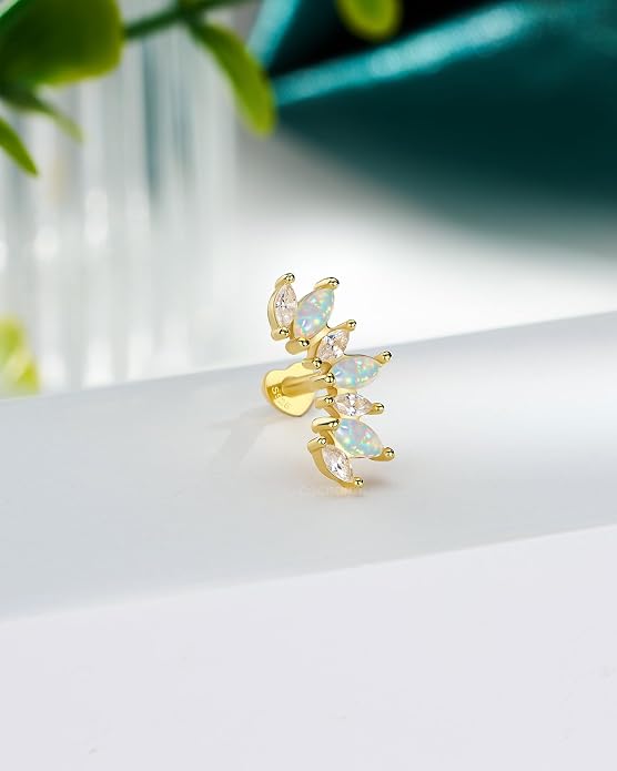 COCHARM 14K Gold Plated Cartilage Earrings Stud 925 Sterling Silver Opal Helix Earrings for Women Internally Thread Flat Back Earrings Heart