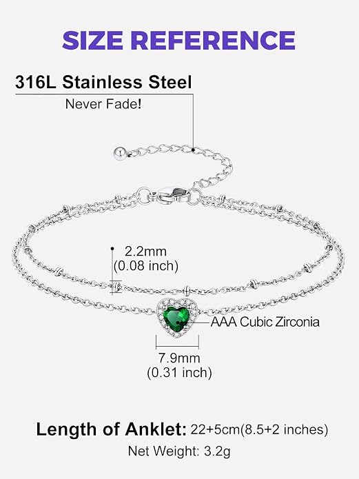 Richsteel Double Layer Heart/Butterfly Birthstone Anklet for Women Non Tarnish Waterproof, Silver/Gold/Black Stainless Steel 8.5-10.5 Inch Adjustable Chain Anklets Jewelry Gifts for Her