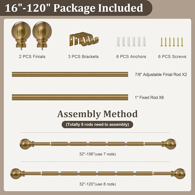 Warm Gold Long Curtain Rods for Windows 66 to 120 Inch 1" Diameter | Heavy Duty Brass Window Curtain Rod with Metal Finials for Living Room Bedroom Farmhouse Kitchen Outdoor