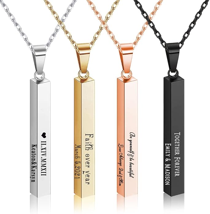4 Sided Bar Necklace Personalized, Handmade Sterling Silver 3D Vertical Engraved Name Necklace Coordinate Jewelry Christmas Anniversary Gifts for Men, Women