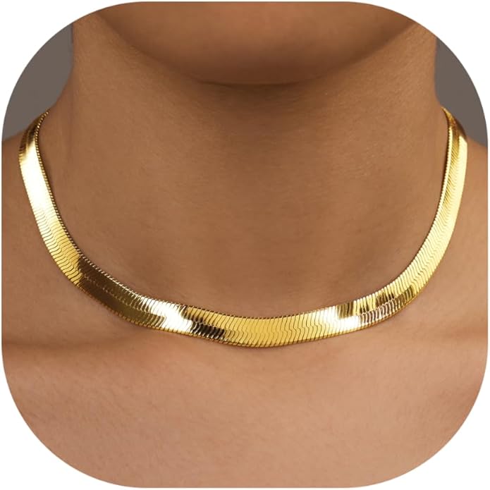 WomenGifts 14K Gold Silver Plated Herringbone Necklace for Women, Dainty Snake Chain Choker, Trendy Simple Long Layered Jewelry Non Tarnish, 3/4/5/8mm,14,16,18,20,22,24,26 Inch Thin & Chunky Options