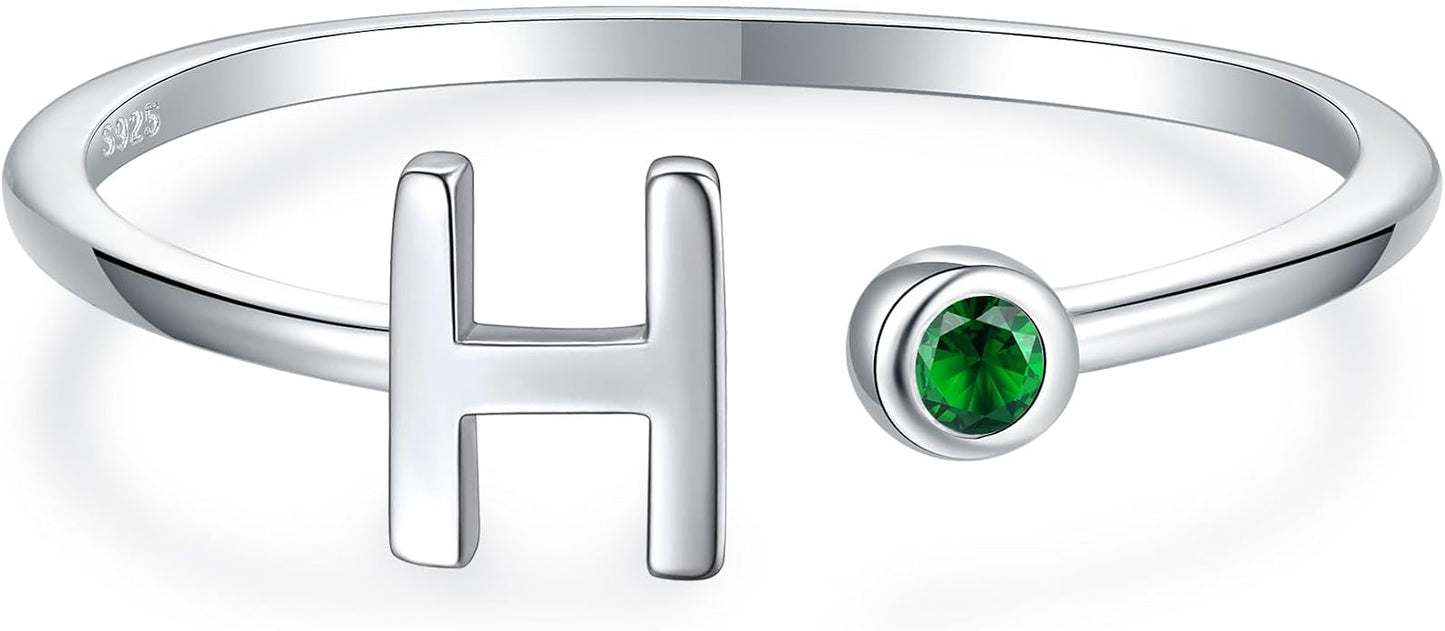 925 Sterling Silver Initial Letter Birthstone Rings for Women Adjustable 1-12 Month Birthstone Alphabet Stacking Ring for Teens Girls Stackable Birthstone Rings Birthday Jewelry Gift for Daughter Mom