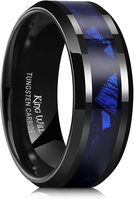 King Will Black Tungsten Wedding Band For Men, 8mm Promise Ring Inlay Red Twill Pattern/Colorful Wood Chips, High Polished Beveled Edge - Suitable For Daily Wear, Comfort Fit Size 7-14